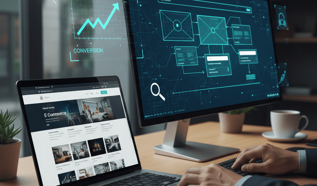 Modern irodai környezetben egy laptopon és monitoron megjelenő professzionális weboldal tervezési folyamat, kék színvilágú technikai grafikonokkal és konverzió-fókuszú elrendezéssel.