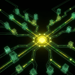 Egy absztrakt digitális kompozíció, ahol több, sárgán izzó, hálózatos szál fut össze egy központi, sárgán pulzáló csomópontba. A háttér mélyfekete, a vonalak pedig a zöld és a sárga árnyalataiban világítanak, szimbolizálva a kapcsolódást és a digitális identitást.