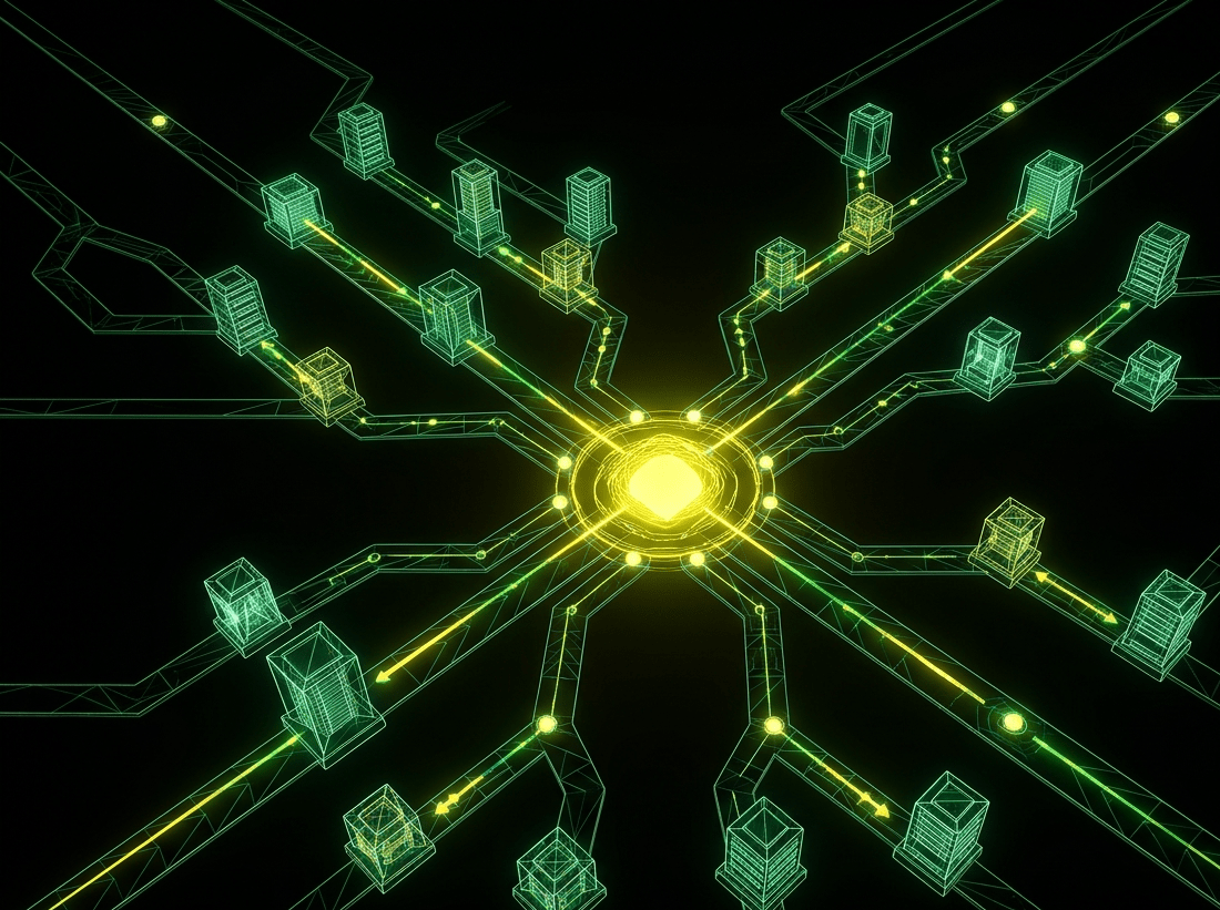 Egy absztrakt digitális kompozíció, ahol több, sárgán izzó, hálózatos szál fut össze egy központi, sárgán pulzáló csomópontba. A háttér mélyfekete, a vonalak pedig a zöld és a sárga árnyalataiban világítanak, szimbolizálva a kapcsolódást és a digitális identitást.