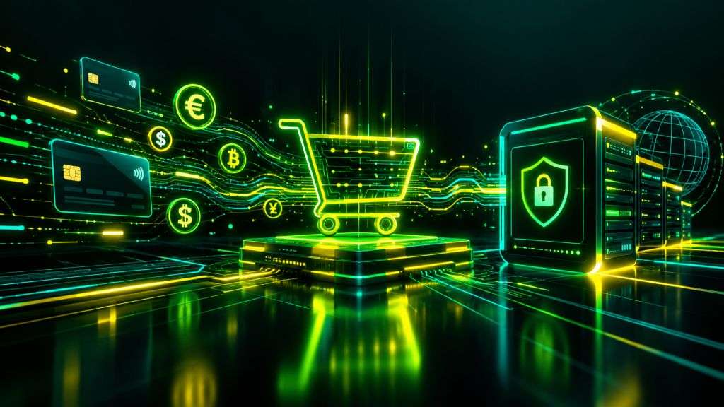 Absztrakt kompozíció az e-kereskedelemről és az online tranzakciókról.