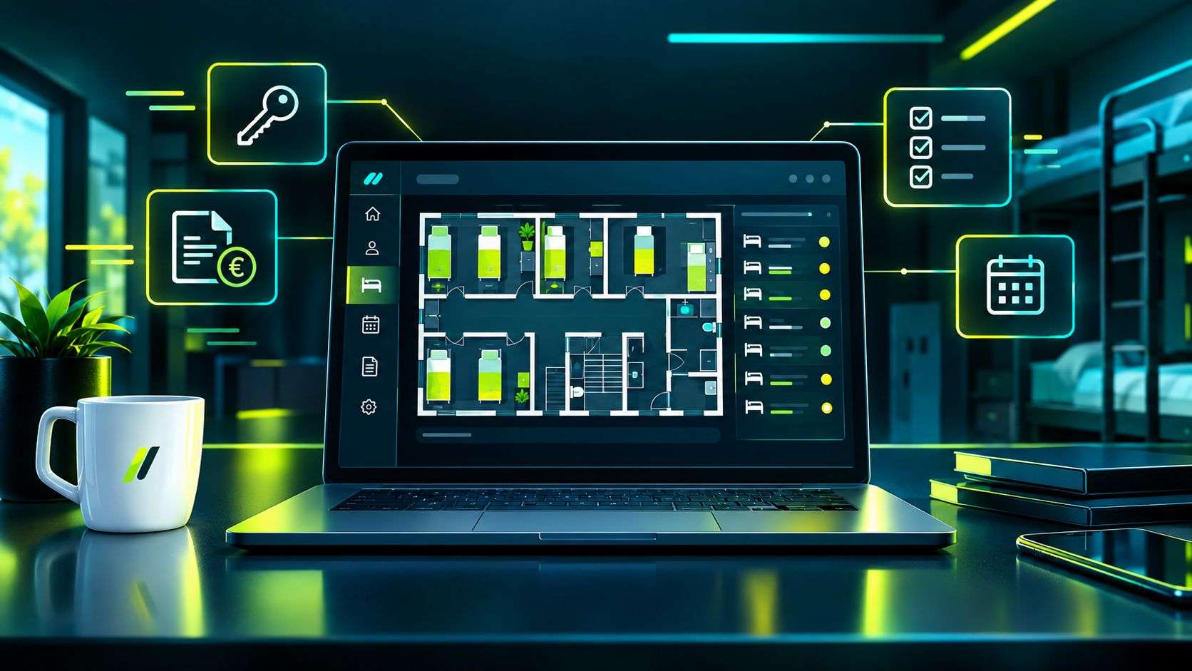 Modern kollégiumi és szálláshely-kezelő rendszer kezelőfelülete laptopon, szobák és ágyak alaprajzával, valamint kulcs-, számla-, ellenőrzőlista- és naptárikonokkal, sötét, neon zöld és türkiz színvilágban.
