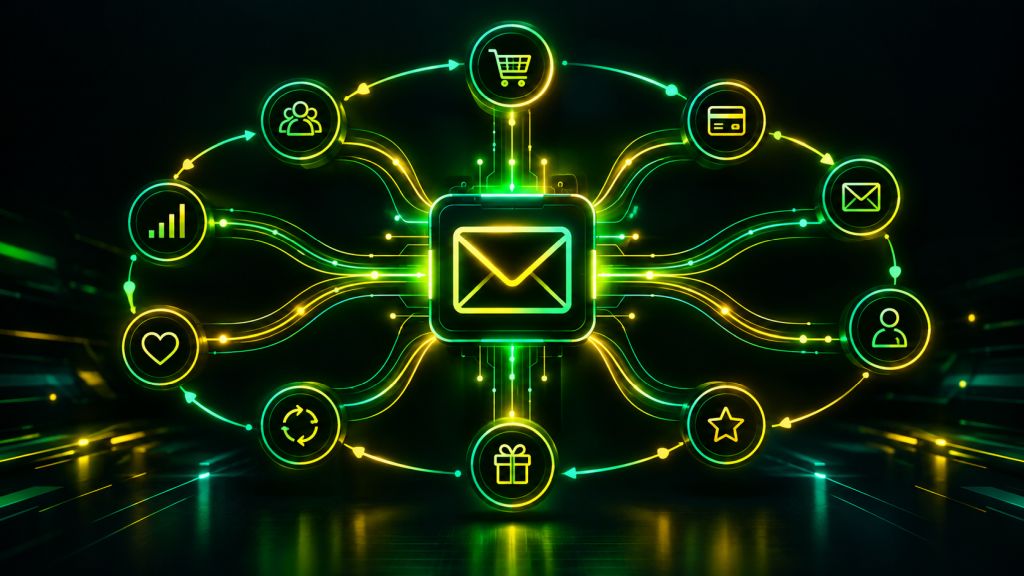 Absztrakt kompozíció az e-mail automatizációról és a vevői életútról.