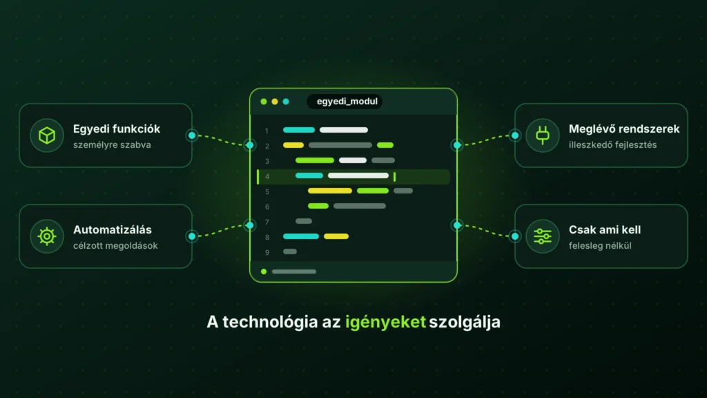 Egyedi webes fejlesztés szemléltetése: kódszerkesztő ablak, körülötte egyedi funkciók, automatizálás, meglévő rendszerekhez illeszkedő fejlesztés és felesleg nélküli megoldás.