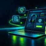 PrestaShop webáruház termékoldala laptopon, felugró szavatossági tájékoztatóval és GARAN-címkével, sötét, neon zöld és türkiz színvilágban.