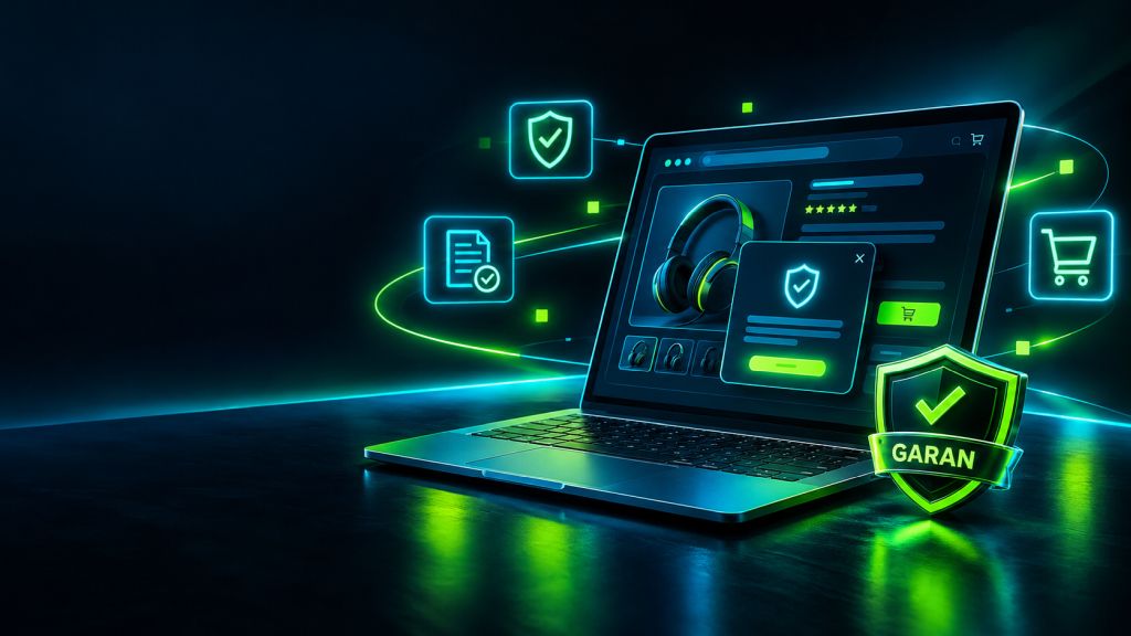 PrestaShop webáruház termékoldala laptopon, felugró szavatossági tájékoztatóval és GARAN-címkével, sötét, neon zöld és türkiz színvilágban.